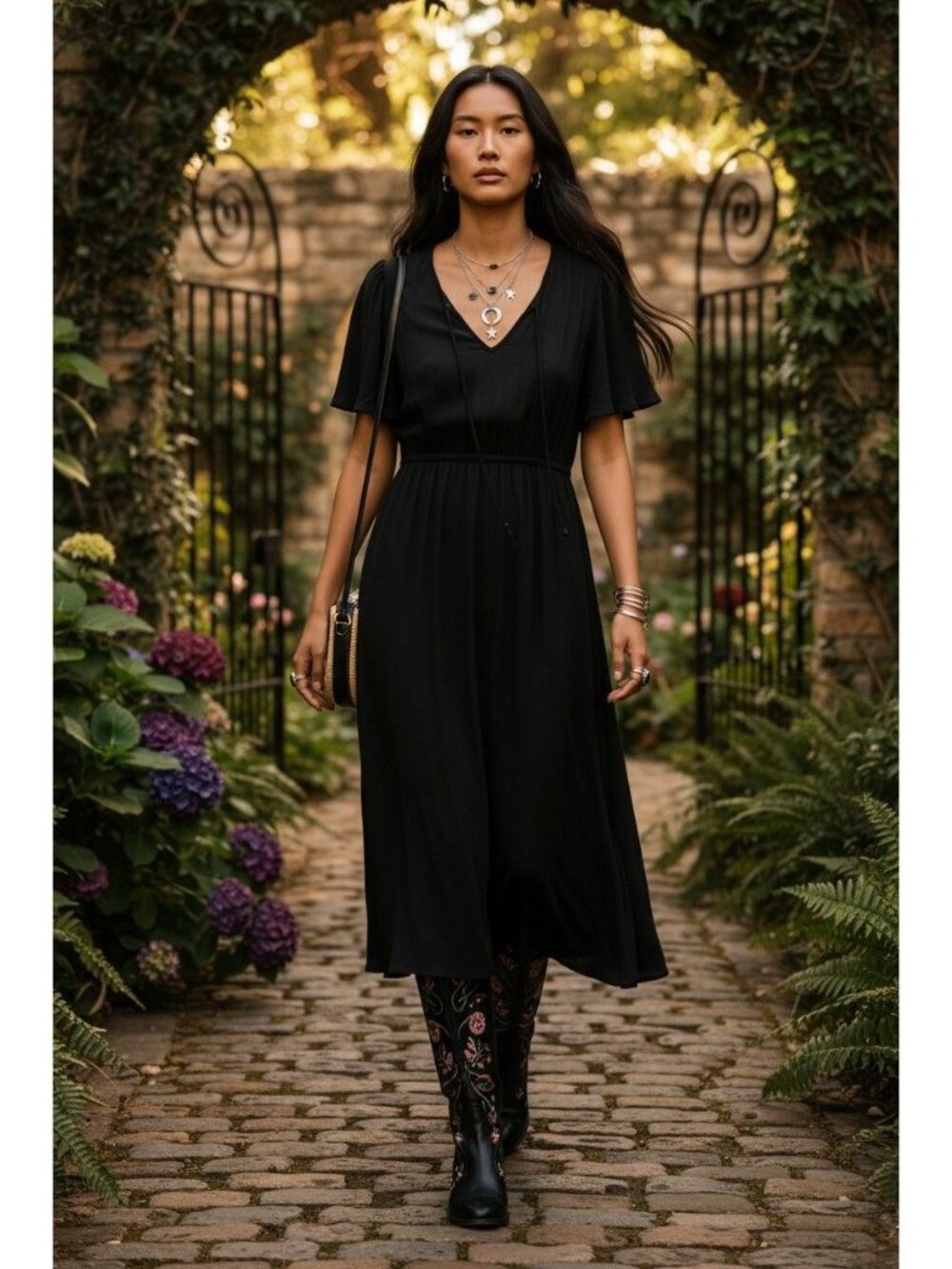 Sweet Wanderer L Black Midi Dress Peasant Dark Cottagecore Fairycore Witchy